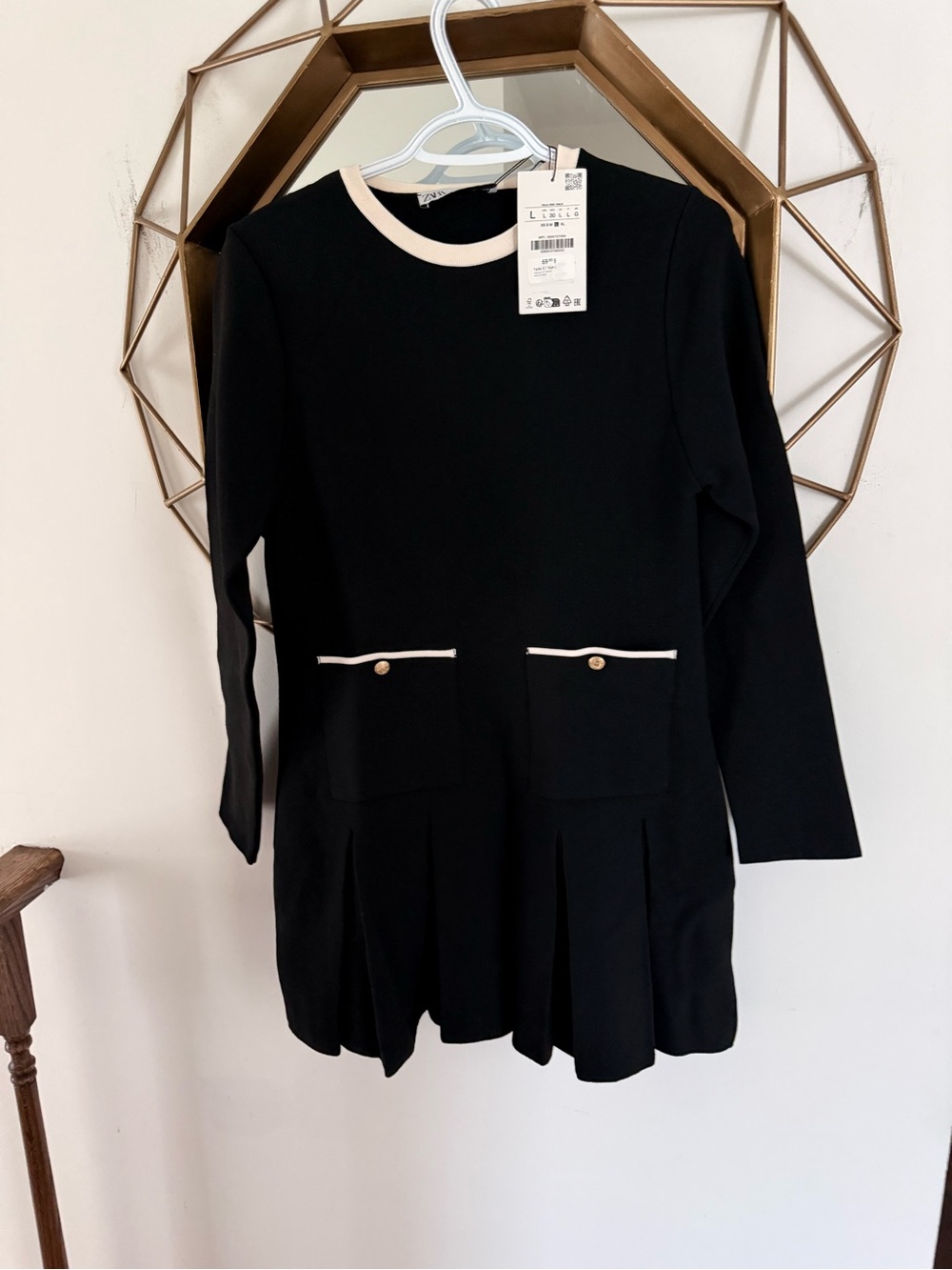 Zara Black Knit Dress with Cream Trim